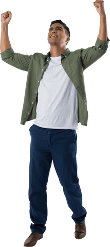 Happy biracial man celebrating with hands up on transparent background