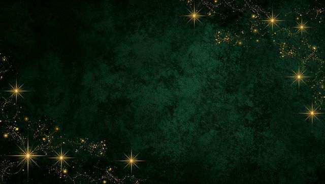 Emerald green textured background with gold starbursts and glittery corner frame