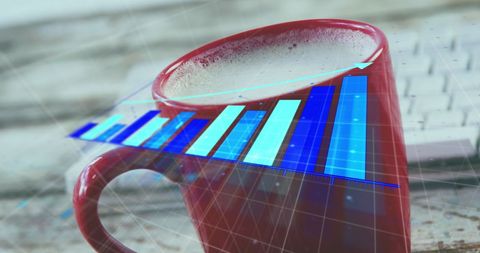 Business Growth Concept with Rising Bar Graph Over Red Coffee Mug