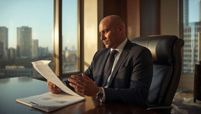 Executive reading financial reports at modern office desk with city skyline at sunset