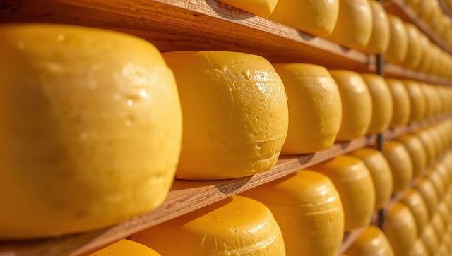 Aging gouda-style cheese wheels on wooden racks in rustic curing room, closeup