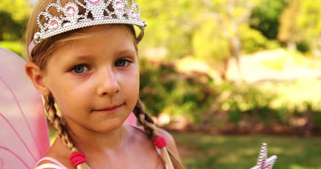 A young Caucasian girl dressed as a fairy princess looks at the camera, with copy space. Her costume includes a tiara and wings, suggesting a playful day of dress-up or a themed party.