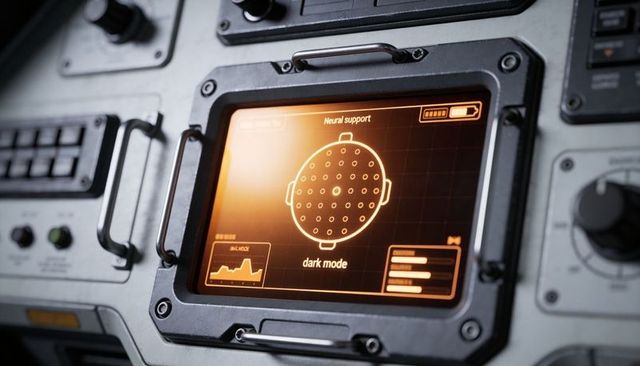 Rugged industrial touchscreen displaying neural control grid with orange backlit interface