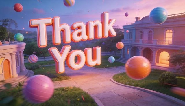 Floating 3d thank you text with pastel spheres over elegant estate courtyard at sunset
