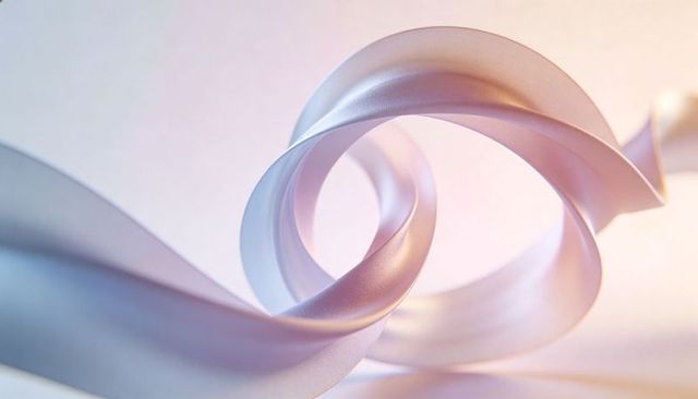 Flowing satin ribbon looping in pastel light with glossy metallic curves and bokeh