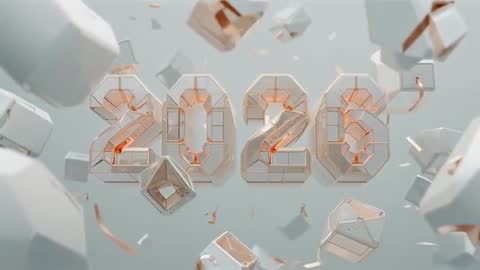 2026 metallic numerals rotating with floating geometric solids in rose-gold cinematic studio