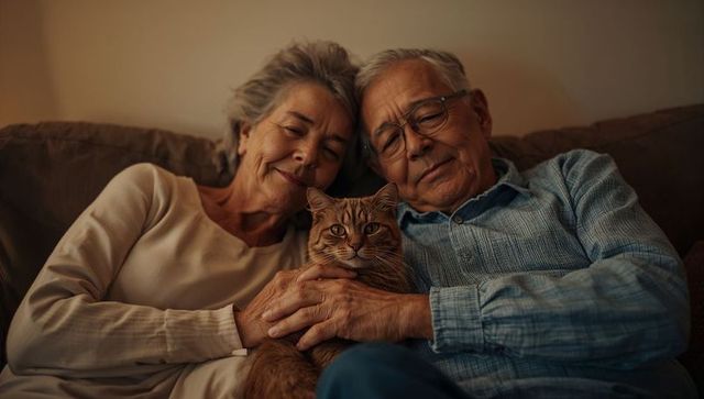 Senior couple cuddling on couch holding ginger tabby cat, cozy evening at home