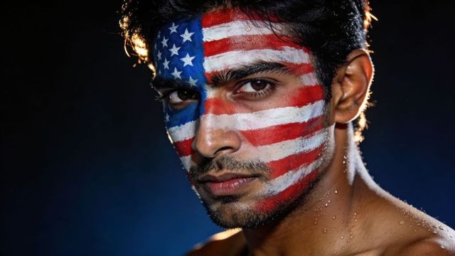 Shirtless man sporting american flag face paint with dramatic lighting and water droplets