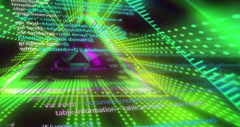 Pulsing Neon Green Triangular Tunnel Visualizing Code in Futuristic HUD Interface