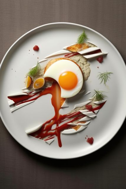 This creatively styled breakfast features a beautifully presented sunny side up egg, with intricate garnishes and sauces elegantly arranged. Ideal for use in fine dining advertising, culinary magazines, gourmet blogs, or as inspiration for restaurant menus. The high-end presentation emphasizes the artistry and sophistication of modern gastronomy.