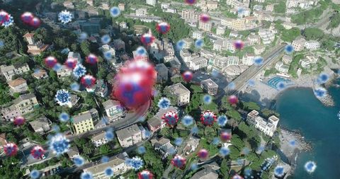 Aerial View of Coastal Town with Digital Viral Overlay Representing Pandemic