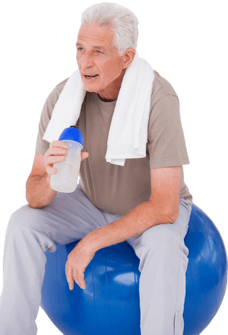 Senior man resting on exercise ball with transparent background