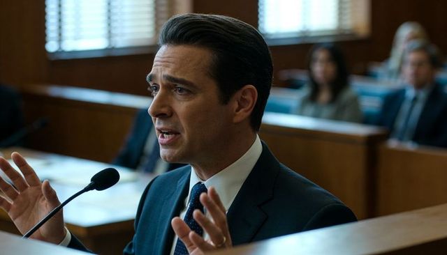 Lawyer testifying confidently at witness stand gesturing during courtroom trial