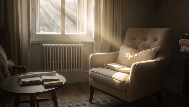 Sunlit tufted beige armchair in cozy reading nook with open book and warm morning sunlight