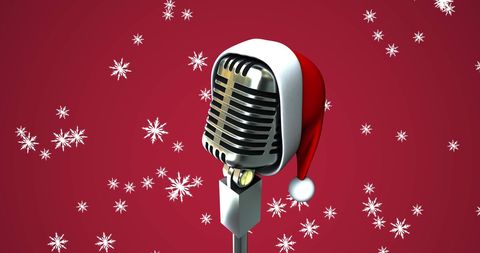 Vintage Microphone with Santa Hat and Snowflakes on Red Background - Download Free Stock Images Pikwizard.com
