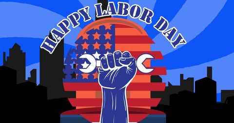 Labor Day Celebration with Bold Cityscape and Fist Holding Wrench