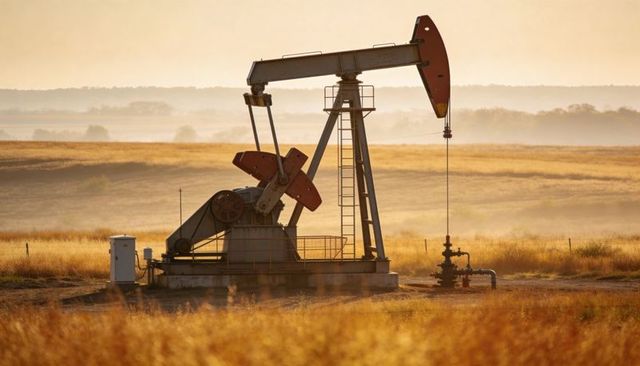 Pumpjack pumping oil at sunrise on golden prairie wellhead with control cabinet and haze