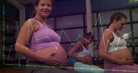 Pregnant women exercising in prenatal fitness class with health data overlay and dumbbells