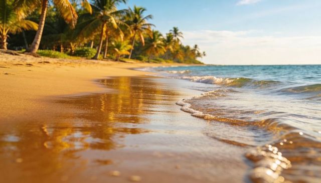 Sunlit tropical beach reflecting palm trees on wet golden sand with gentle waves