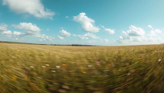 Swirling motion-blur wildflower meadow sweeping toward horizon under expansive blue sky