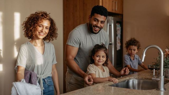 Smiling parents guiding children washing hands at kitchen sink on granite island