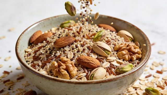 Mixed grains and nuts pouring into rustic ceramic bowl with oats and pistachios
