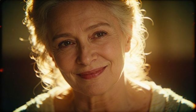 Radiant senior woman smiling in warm backlight with cinematic rimlight and film grain