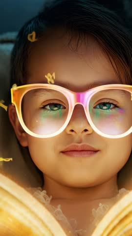 Vertical video child reclining wearing glowing glasses reading magic book, golden glyphs rising