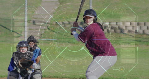Female Baseball Player Preparing to Bat with Futuristic Overlay on Field