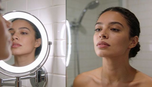 Woman checking skin in magnifying ring-light mirror in white tiled bathroom chrome fixtures