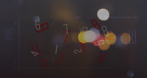 Digital Numbers and Data Animation Over Cityscape Background