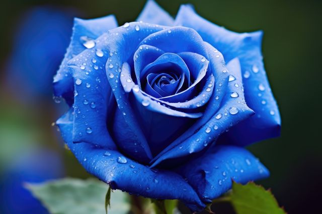 Vibrant blue rose in full bloom with dew drops on petals. Ideal for floral design projects, nature blogs, gardening websites, and wallpaper backgrounds. Perfect for highlighting themes of uniqueness, beauty, and freshness in presentations or advertising.