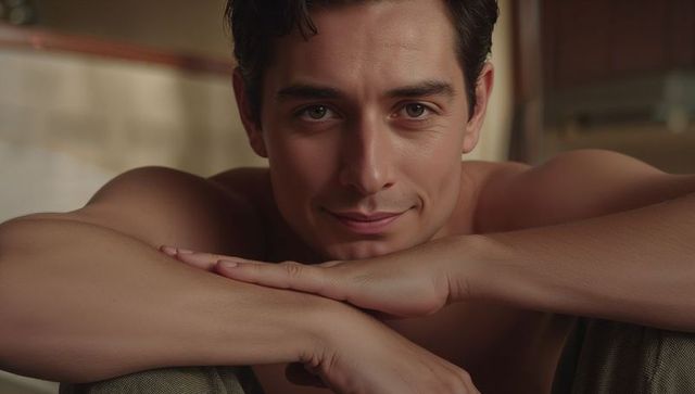 Shirtless man leaning on folded forearms, relaxed intimate bedroom lifestyle portrait
