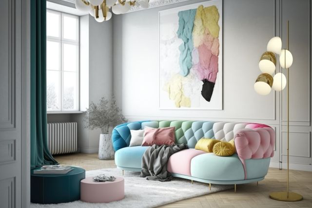 Pastel coloured retro sofa with cushions and painting, created using generative ai technology. Interior design, feminine, pastel colours and vintage home decoration concept digitally generated image.