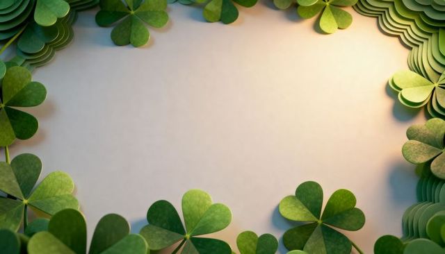 Paper clover border framing cream center with layered papercut greenery and soft shadows