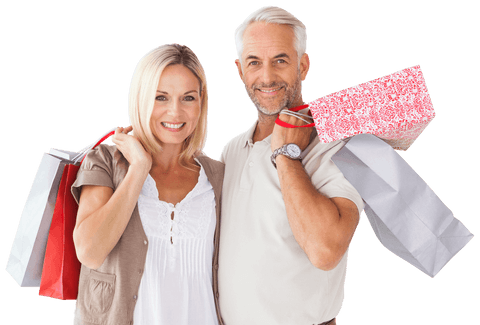 Happy Couple Smiling with Shopping Bags on Transparent Background
