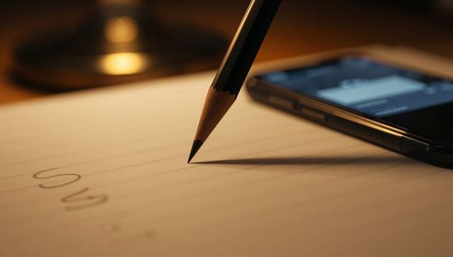 Pencil tip hovering over lined paper casting shadow beside glowing phone and warm lamp