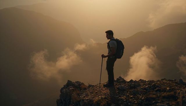 Standing hiker on rocky ridge at golden hour overlooking misty valley and cliff
