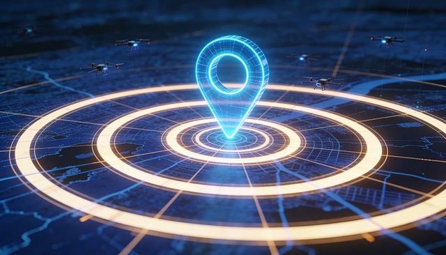 Holographic location pin emitting neon pulse rings over smart map with drone fleet