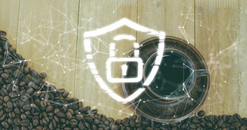 Protecting café data with cybersecurity shield overlay on coffee cup and beans