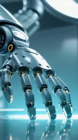 Hovering robotic hand lowering to pad, flexing amber joints leaking fluid futuristic vertical tech v
