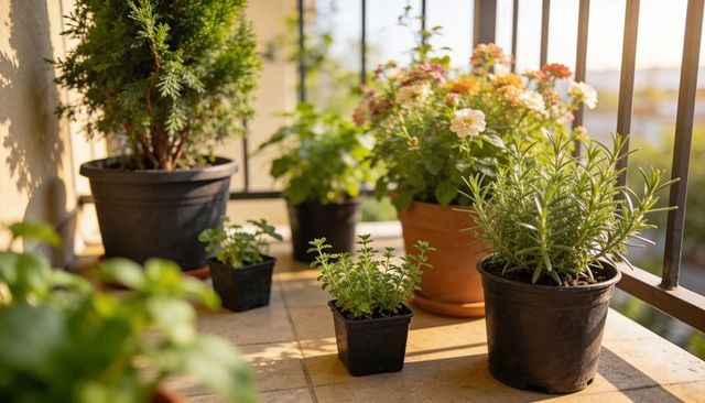 Sunlit balcony herb collection with rosemary soaking up warm morning light