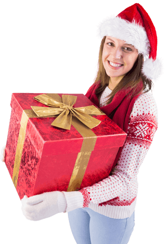 Smiling woman with transparent background holding festive gift