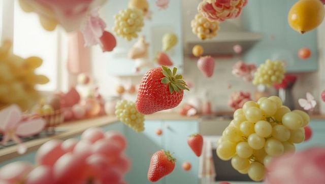 Floating fresh fruits in contemporary pastel kitchen interior