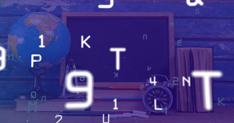 Alphabets and numbers over school supplies background