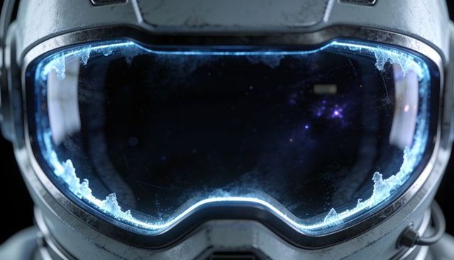 Futuristic space helmet with frosted reflective visor, cyan led rim and nebula reflection