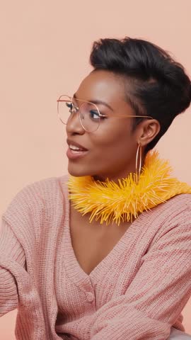 Vertical video laughing woman turning to camera wearing pink cardigan and yellow collar