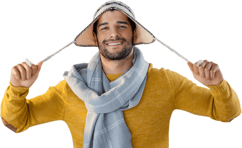 Smiling Man Pulling Down Brim of Cozy Wool Hat on Transparent Background