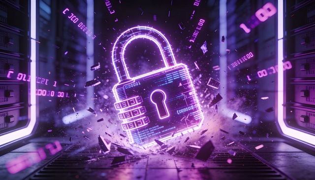 Glowing Padlock Shattering Server Floor Representing Data Breach and Network Security