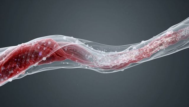 Translucent twisted tube with crimson core and floating bubbles abstract medical concept